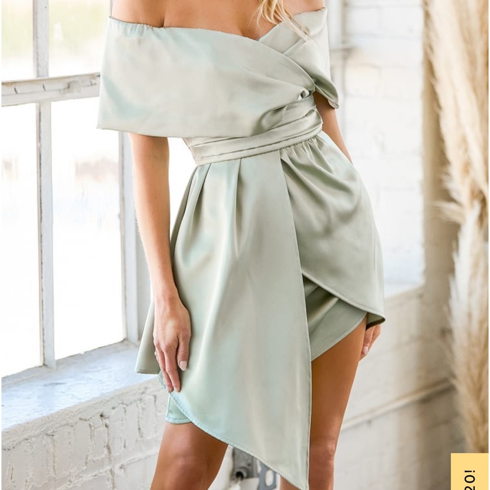 Sage green satin off-the-shoulder mini dress